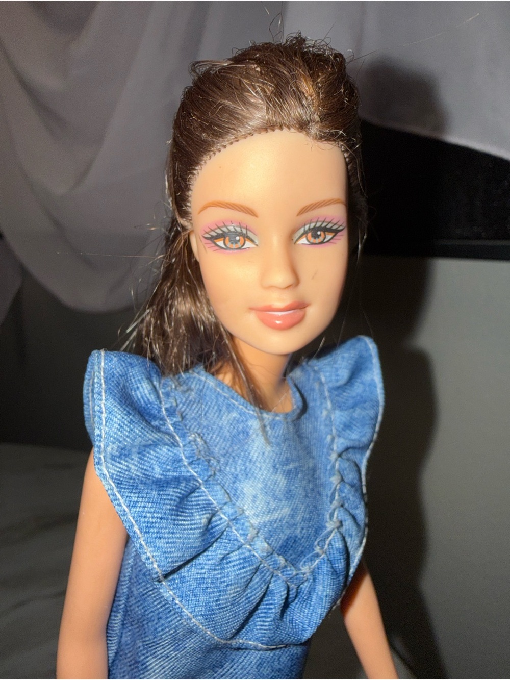 Barbie Mattel brunette doll denim dress 2013